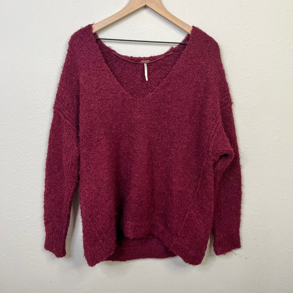 Free People Women's Maroon Lofty V-Neck Sweater OB674942 Oversized Alpaca Red